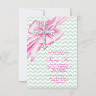 Convites Primeira Comunhão Rosa e Verde Bonito em Chevron