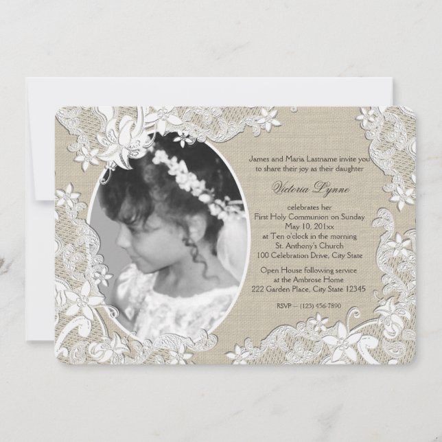 Convites Primeira Comunhão Rustic Floral com Foto (Frente)