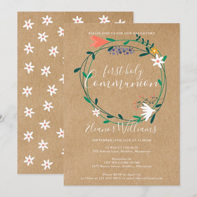 Convites Primeira Comunhão Rústico Moderno Floral (Frente/Verso)