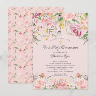 Convites Primeira Comunhão Sagrada, Floral Rosa-Rosa