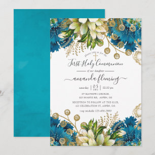 Convites Primeira Comunhão Shabby Turquesa e Dourado Vintag