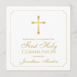 Convites Primeira Comunhão Simples Dourado Cross Boy Christ