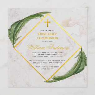 Convites Primeira Comunhão Verde Faux Mármore Dourado Samam