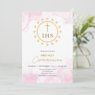 Convites Primeira comunicação Dourada com a inscrição IHS C