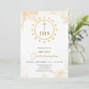 Convites Primeira comunicação Dourada com a inscrição IHS C