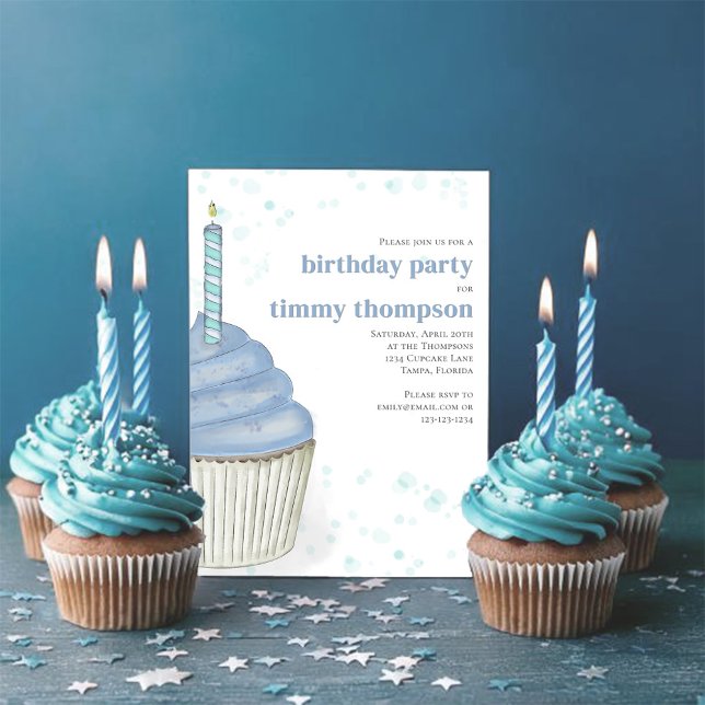 Convites Primeira Festa de aniversário Cupcake Azul (First birthday blue watercolor cupcake invitation.)