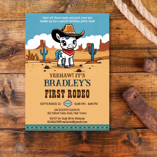 Convites Primeira festa de aniversário de cavalo de cowboy  (First rodeo cute baby cowboy horse birthday party template invitation instant download western theme)
