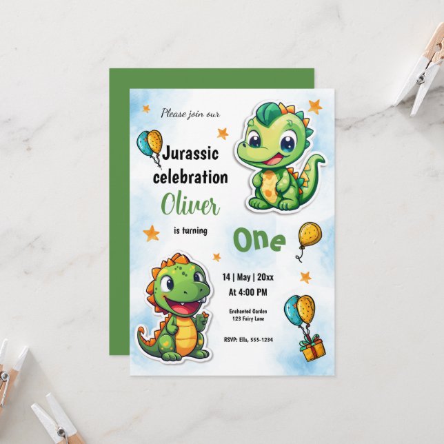 Convites Primeira Festa de aniversário do Cartoon Dinossaur (Frente/Verso In Situ)