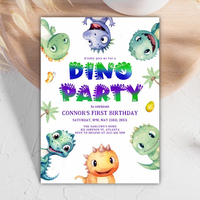 Convites Primeira Festa de aniversário do Dinossauro de Cad (Cute Watercolor Dinosaur First Birthday Party Invitation)