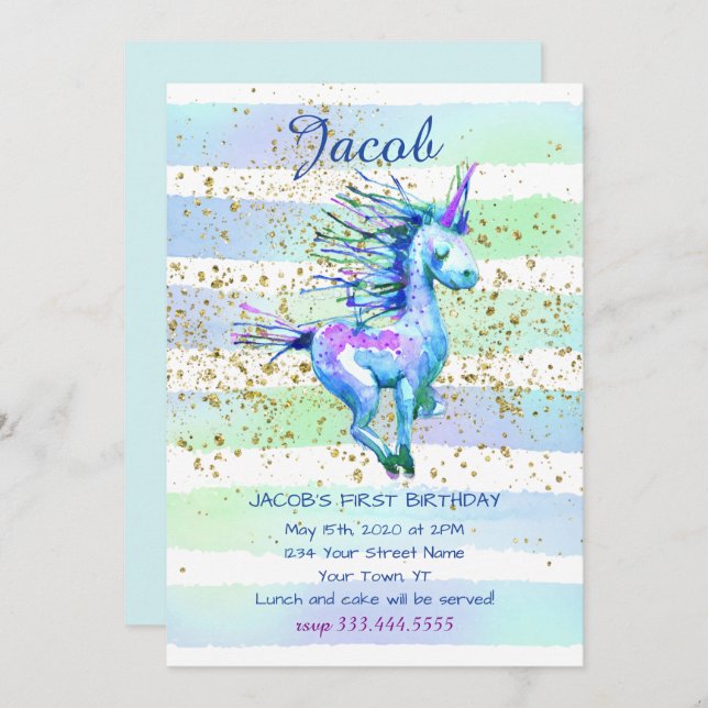 Convites Primeira Festa de aniversário do Unicorn Magic Wat (Frente/Verso)