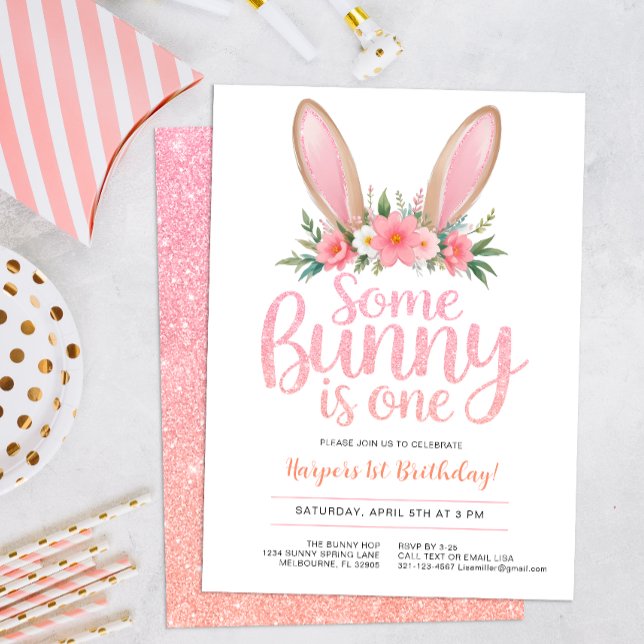 Convites Primeira Festa de aniversário Floral de Bunny Link (Some Bunny is one, birthday invite.)