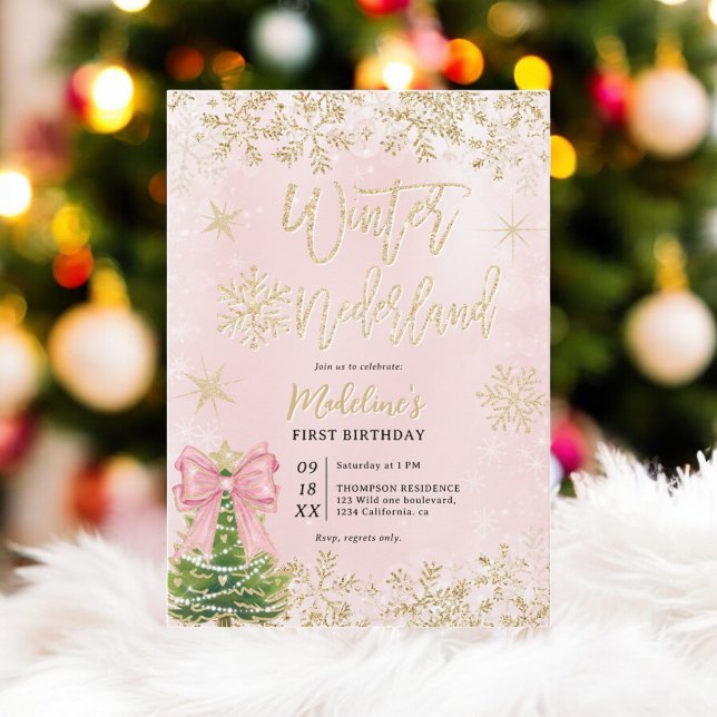 Convites Primeira Festa de aniversário Pink Winter Wonderla (Gold Pink Winter Wonderland First Birthday Party Invitation)
