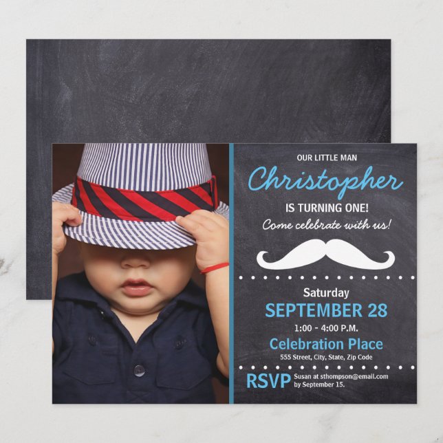 Convites Primeira festa de aniversário, tema do bigode, fot (Frente/Verso)