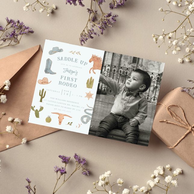 Convites Primeira Foto de Festa de aniversário Rodeo Cowboy (Criador carregado)