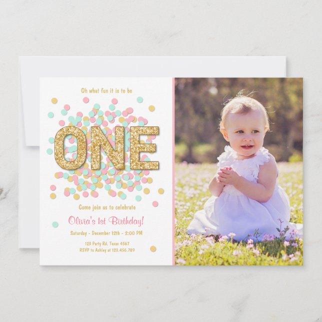 Convites Primeira hortelã do ouro do rosa da menina do (Frente)