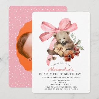 Convites Primeira Menina com Laço Rosa Beary 1º Aniversário