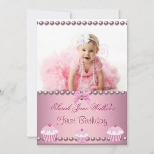 Convites Primeira menina de 1º aniversário Cupcakes Rosa Be