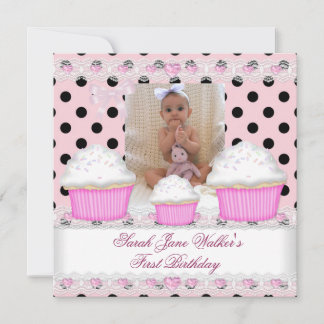 Convites Primeira Menina de Aniversário Cupcakes Rosa Preto