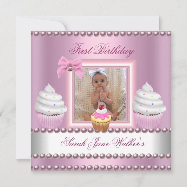 Convites Primeira Menina do Aniversário Cupcakes Rosa Pérol (Frente)