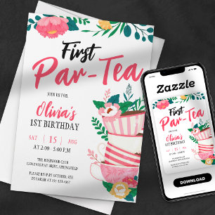 Convites Primeira Par-Tea! Festa de Chá de Flores Rosa Aniv
