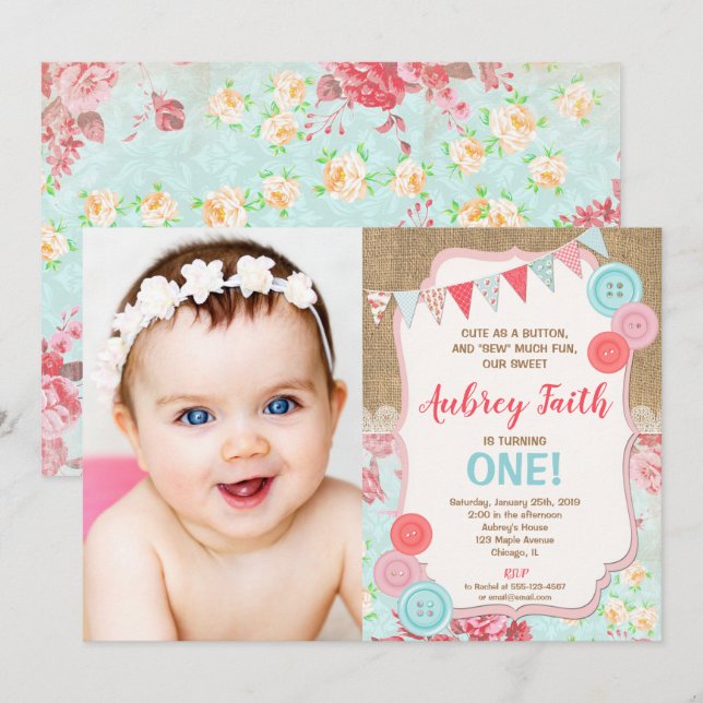 Convites primeira primeiro aniversario bonitinha como foto  (Frente/Verso)