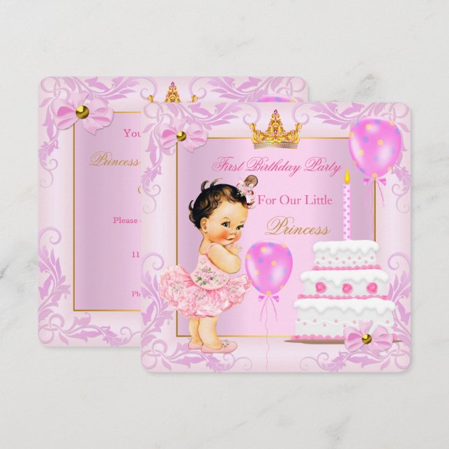 Convites Primeira Princesa de Aniversário Tiara Rapariga Ro (Frente/Verso)