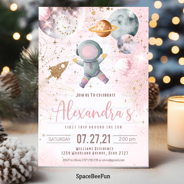 Convites Primeira Rapariga de Astrona no Aniversário do Esp (First Outer Space Birthday Invitation Girl Astronaut First Trip Around the Sun Galaxy invites)
