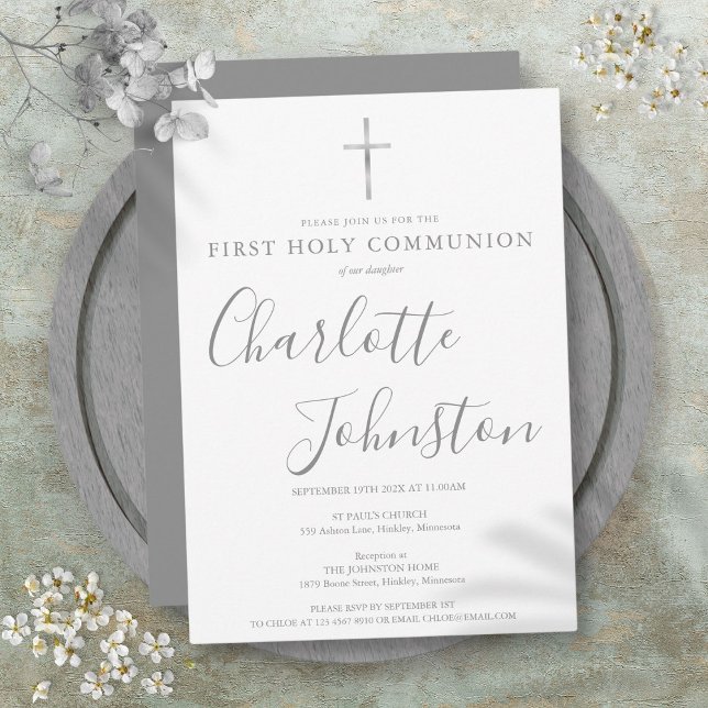 Convites Primeira Sagrada Assinatura de Prata Moderna da Co (First Holy Communion Modern Silver Signature Invitation)