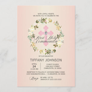 Convites Primeira Sagrada comuna Floral Rosa Cruzada-Rosa +