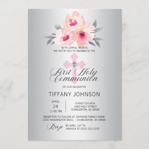 Convites Primeira Sagrada comuna Floral Rosa Cruzada-Rosa +