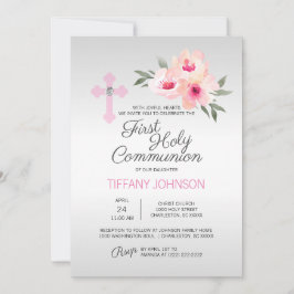 Convites Primeira Sagrada comuna Floral Rosa Cruzada-Rosa +