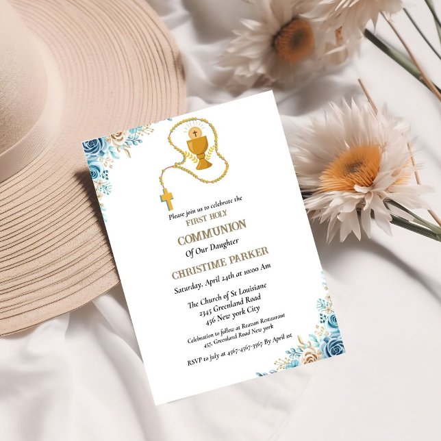 Convites Primeira Sagrada comunhão aquarela azul floral (Criador carregado)