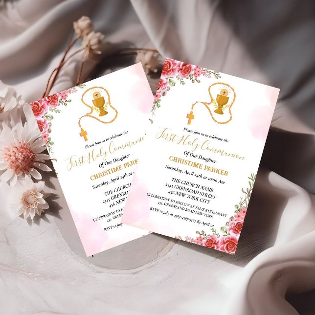 Convites Primeira Sagrada comunhão de aquarela Cor rosa flo (Criador carregado)