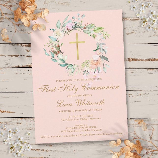 Convites Primeira Sagrada Comunhão Dourada Cruz Blush Rosa  (First Holy Communion Gold Cross Blush Pink Floral Invitation)