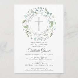 Convites Primeira Sagrada Comunhão Greenery Silver Cross