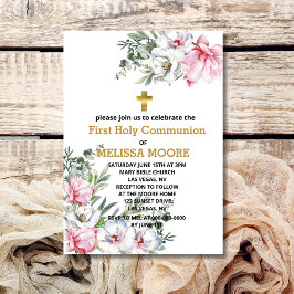 Convites Primeira Sagrada Comunhão magnólia - flores branca