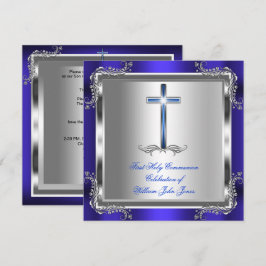 Convites Primeira Sagrada Comunhão Menino Azul Real Prata 3