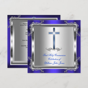 Convites Primeira Sagrada Comunhão Menino Azul Real Prata 3