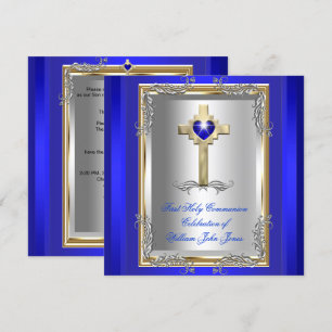 Convites Primeira Sagrada Comunhão Menino Prata Dourado Azu