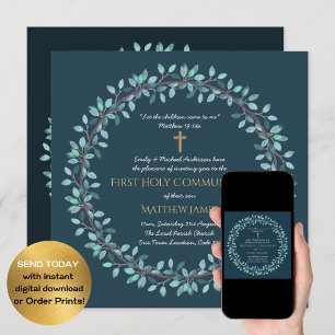 Convites Primeira Sagrada Comunidade Rapazes Blue Wreath In