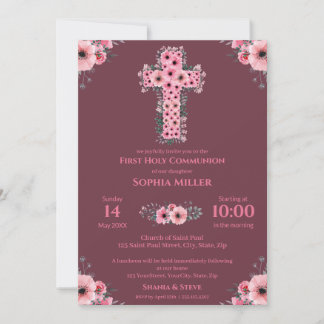 Convites Primeira Sagrada Menina Chic Rosa Cruz Flor I