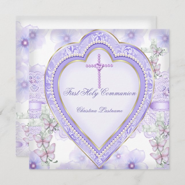 Convites Primeira Sagrada Menina de Coração Rosa Púrpura 2 (Frente/Verso)