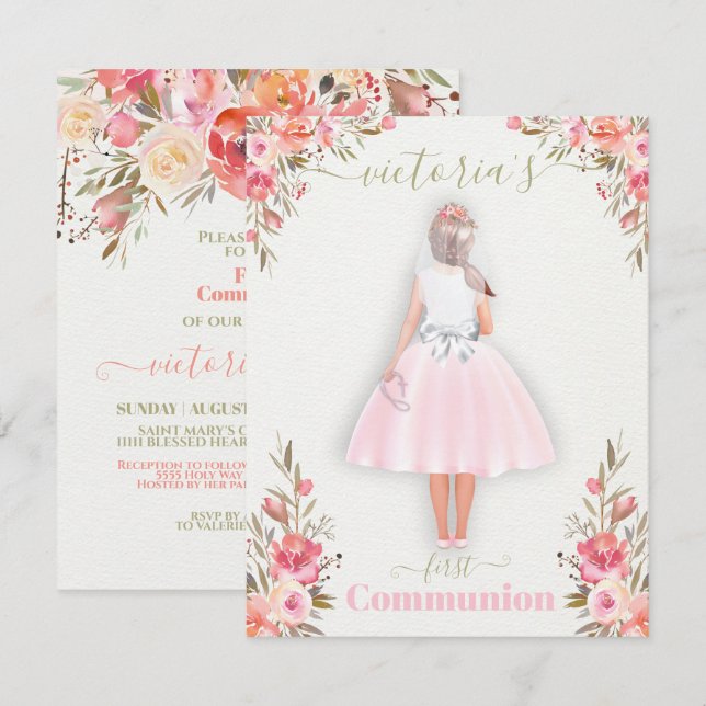Convites Primeira Sagrada Menina Personalizada de Retrato e (Frente/Verso)