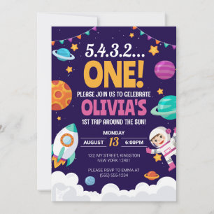 Convites Primeira Viagem ao redor do Sol Menina Espaço 1º A