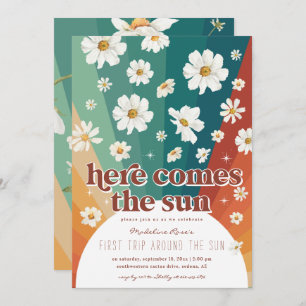 Convites Primeira viagem ao redor do Sol   Retro Daisy Rain