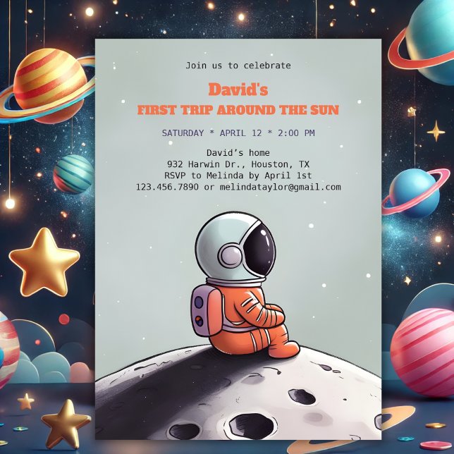 Convites Primeira viagem em torno do astronauta espacial so (First Trip Around the Sun Space Astronaut Birthday Invitation)