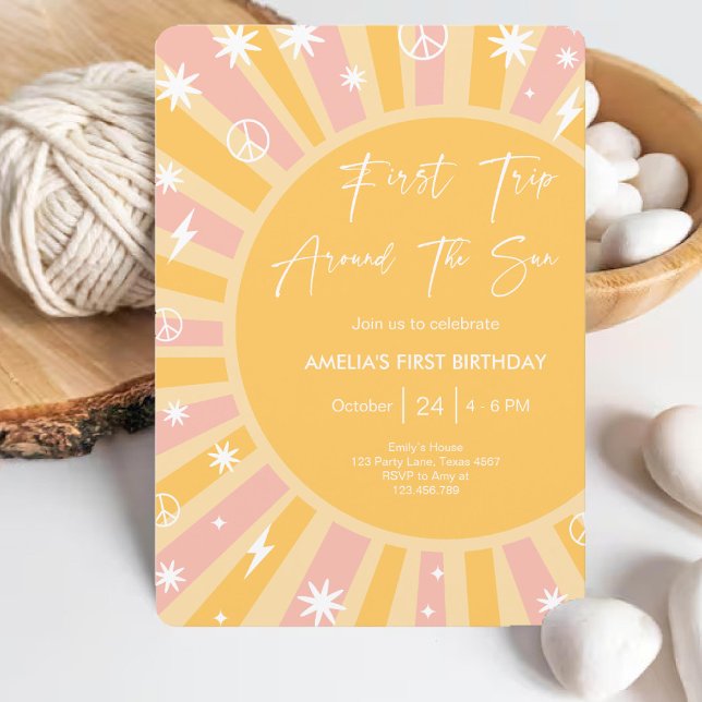 Convites Primeira viagem em torno do primeiro aniversario A (First Trip around the Sun Rainbow 1st Birthday Invitation)