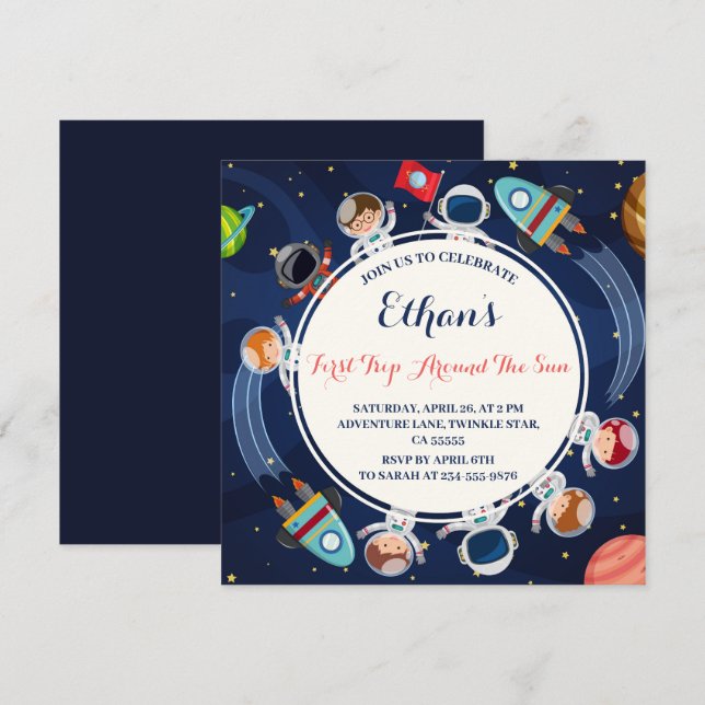 Convites Primeira viagem em torno do primeiro aniversario e (Frente/Verso)