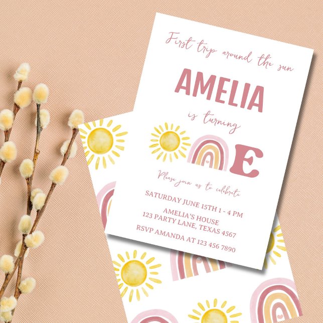 Convites Primeira Viagem em Torno do Sol Boho 1º Aniversári (Boho first trip around the sun birthday invitation with pastel sun and rainbow design)