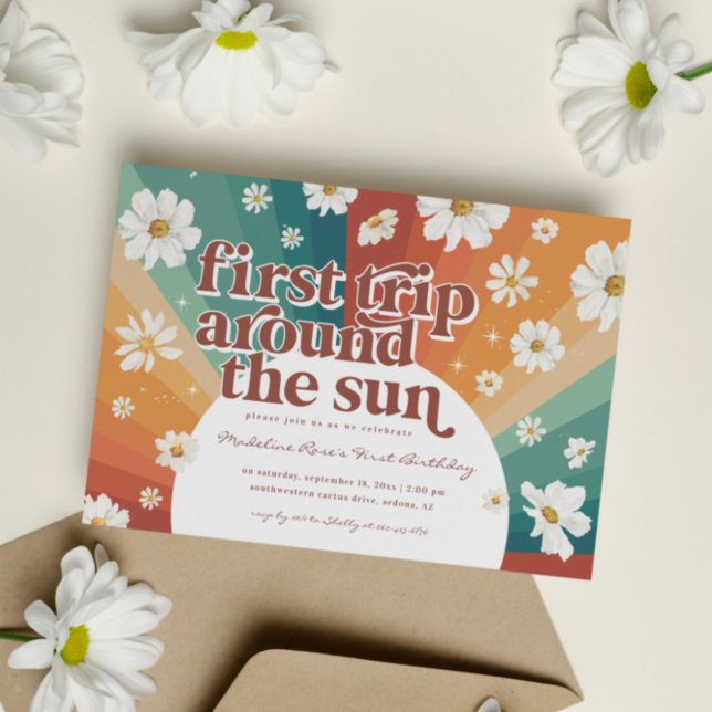 Convites Primeira Viagem em Torno do Sol | Retro Daisy Rain (Criador carregado)